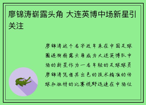 廖锦涛崭露头角 大连英博中场新星引关注 廖锦涛崭露头角 大连英博中场新星引关注