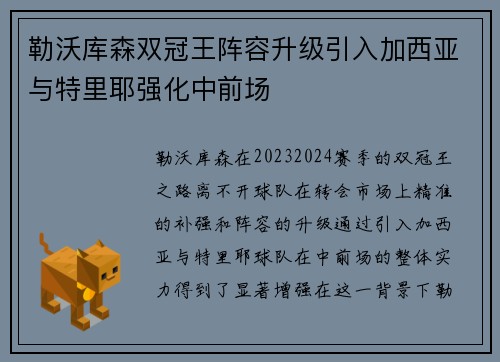 勒沃库森双冠王阵容升级引入加西亚与特里耶强化中前场