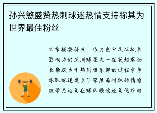 孙兴慜盛赞热刺球迷热情支持称其为世界最佳粉丝