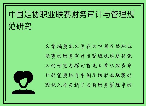 中国足协职业联赛财务审计与管理规范研究 中国足协职业联赛财务审计与管理规范研究